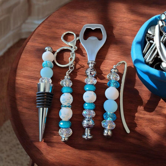 Blue and White Wine accessory gift wine stopper bottle opener book marker keychain wine gift set, barware accessories