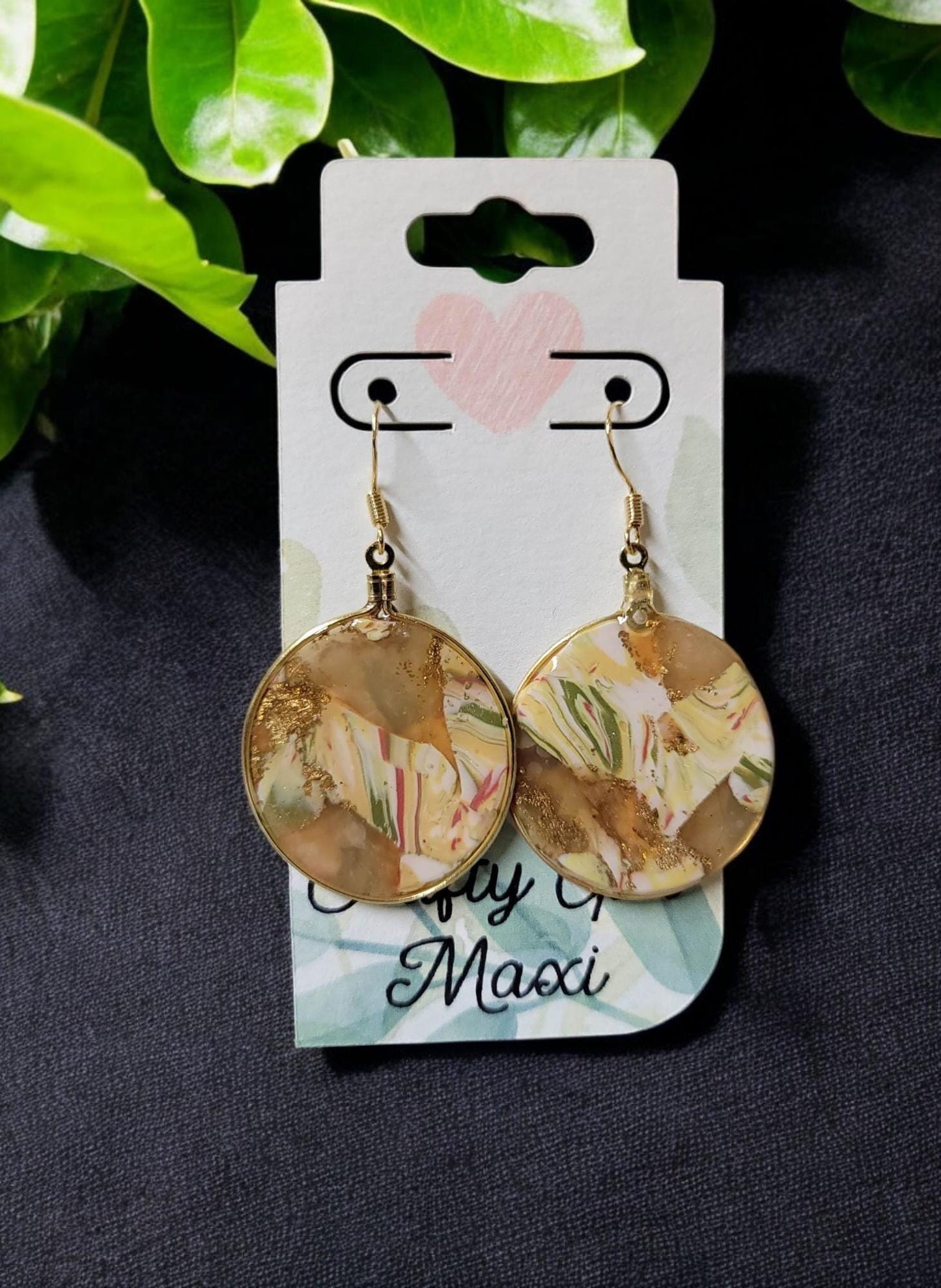 Fall hoop clay earrings made in autumn gold tones. Handmade round autumn clay earrings. Statement earrings. Lightweight modern earrings.