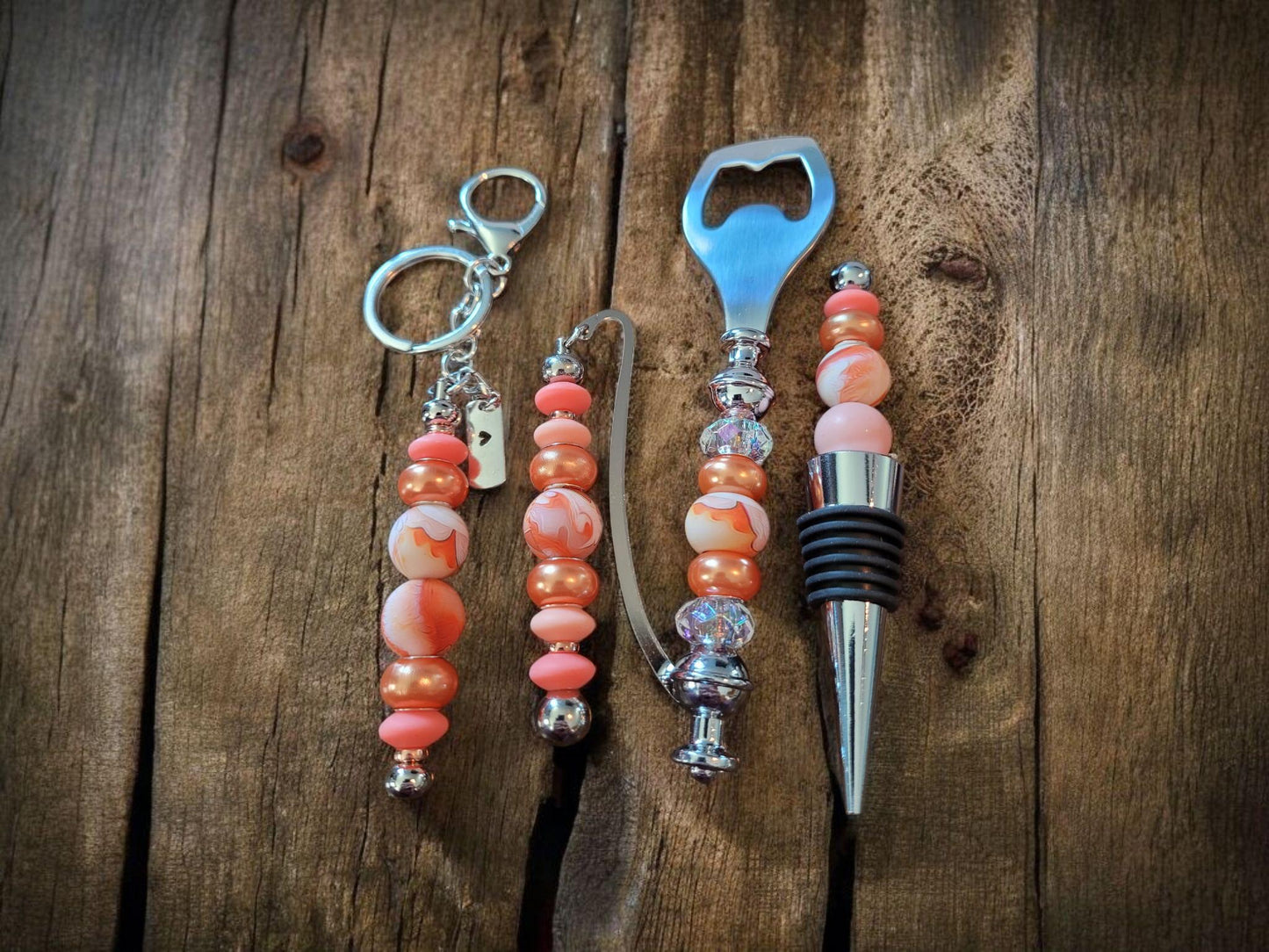 Peach and Orange Color Scheme Bottle Opener, Wine Stopper, Keychain & Bookmark Set - Perfect Gift for Wine Lovers