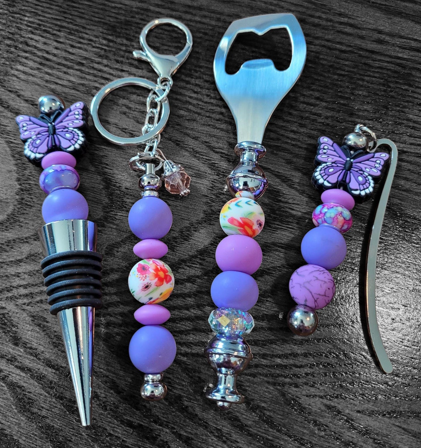Weekend gift set in purple butterfly Wine accessory gift wine stopper bottle opener book marker keychain wine gift set, barware accessories