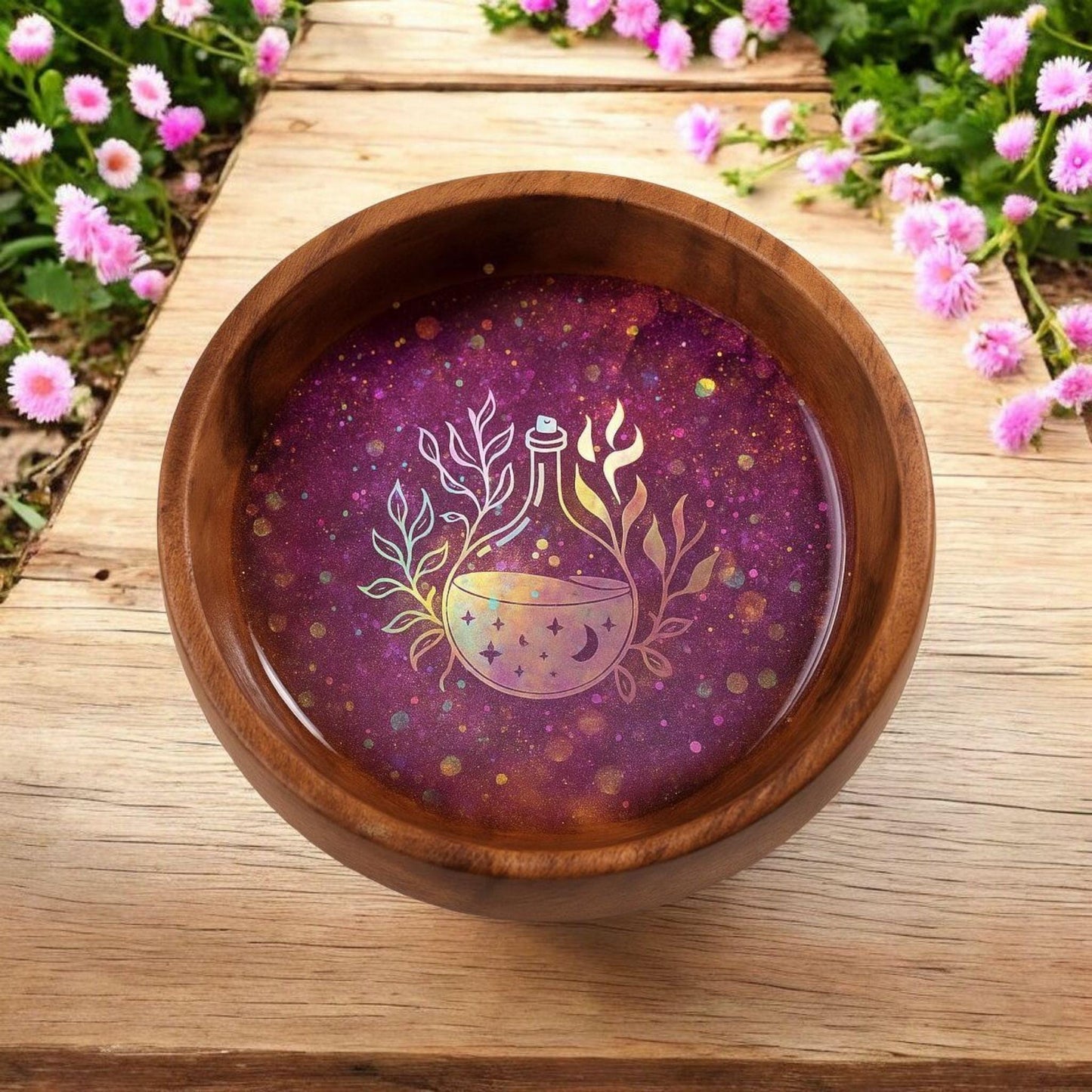 Resin Jewelry Trinket Bowl with Wooden Potion Bottle Design – Decorative Ring Holder & Small Catchall Dish