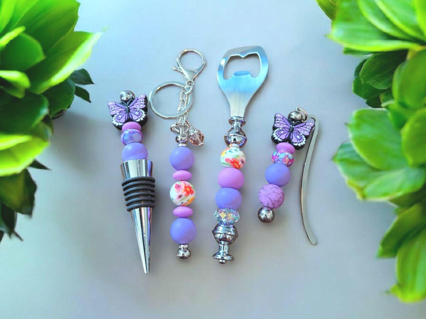Weekend gift set in purple butterfly Wine accessory gift wine stopper bottle opener book marker keychain wine gift set, barware accessories