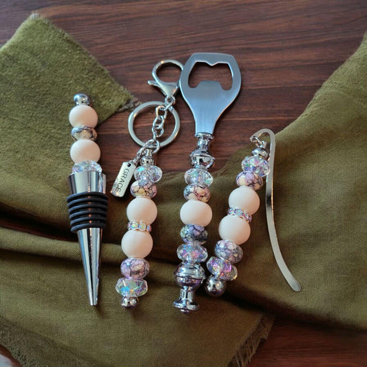Cream and Gray Weekend Wine accessory gift wine stopper bottle opener book marker keychain wine gift set, barware accessories