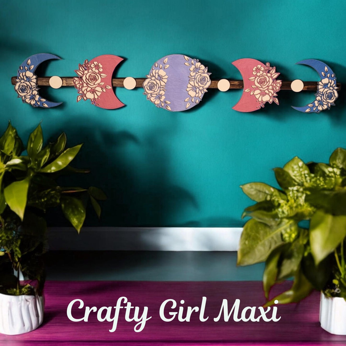 Moon Phase Wooden Wall Art Painted Bohemian eclectic design. Laser Cut Celestial Decor Flower Moon Wall Hanging Unique Home Design Piece