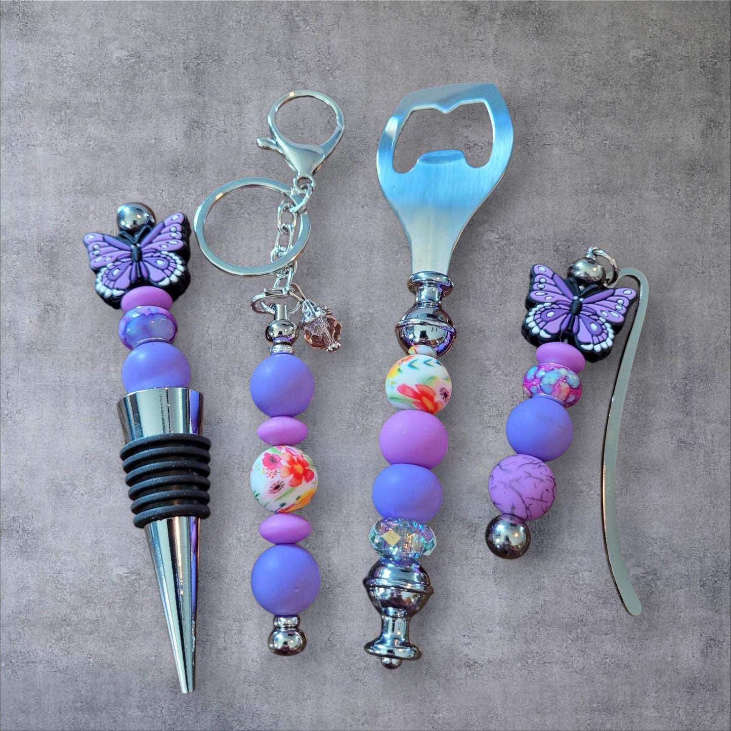 Weekend gift set in purple butterfly Wine accessory gift wine stopper bottle opener book marker keychain wine gift set, barware accessories