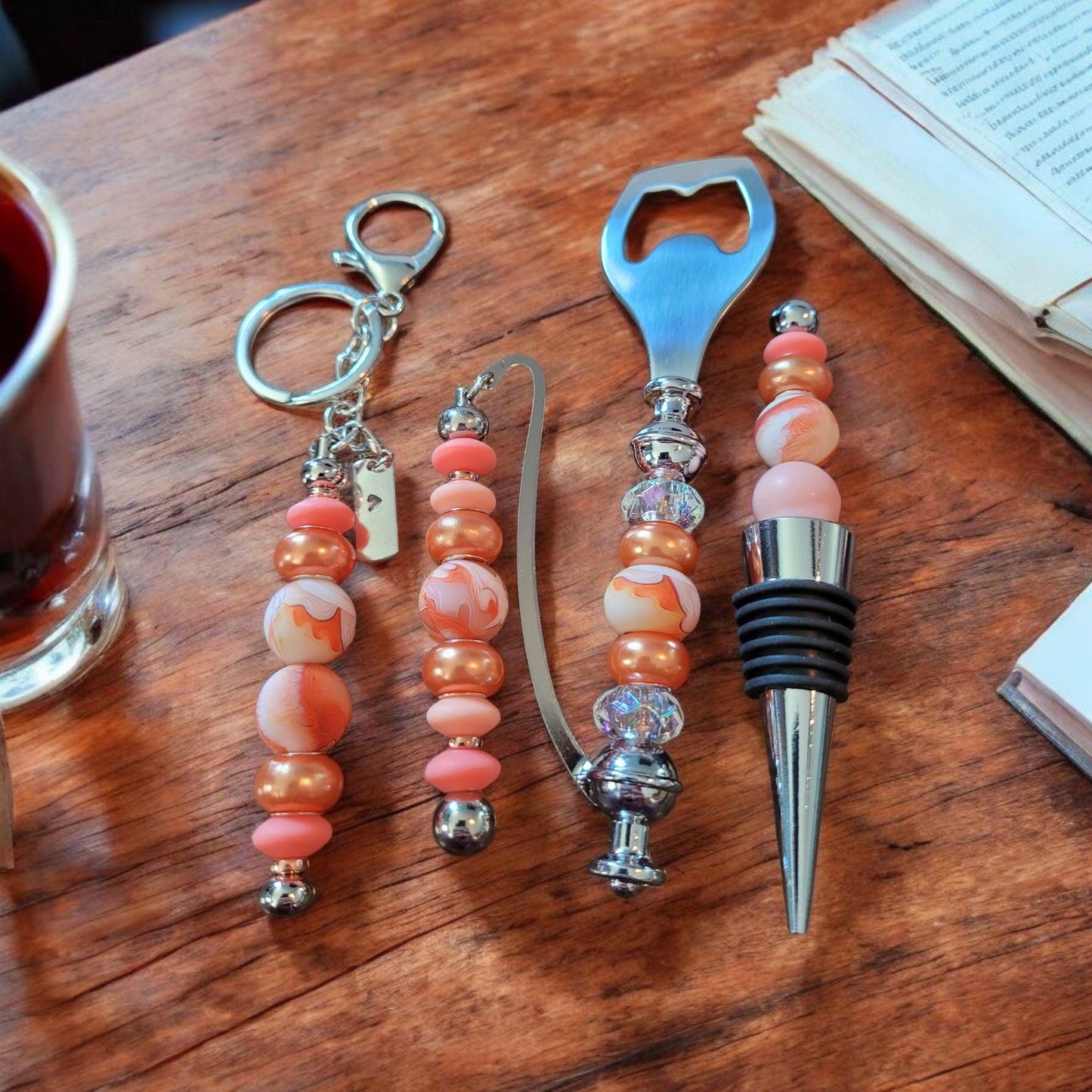 Peach and Orange Color Scheme Bottle Opener, Wine Stopper, Keychain & Bookmark Set - Perfect Gift for Wine Lovers