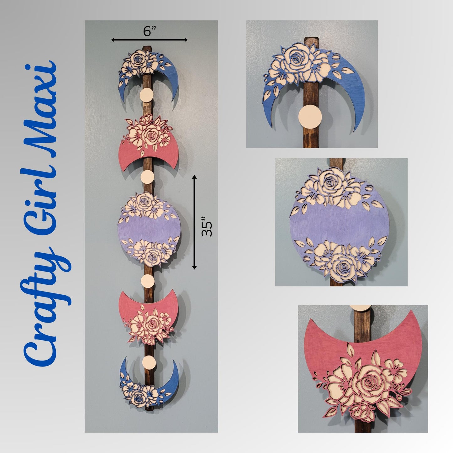 Moon Phase Wooden Wall Art Painted Bohemian eclectic design. Laser Cut Celestial Decor Flower Moon Wall Hanging Unique Home Design Piece