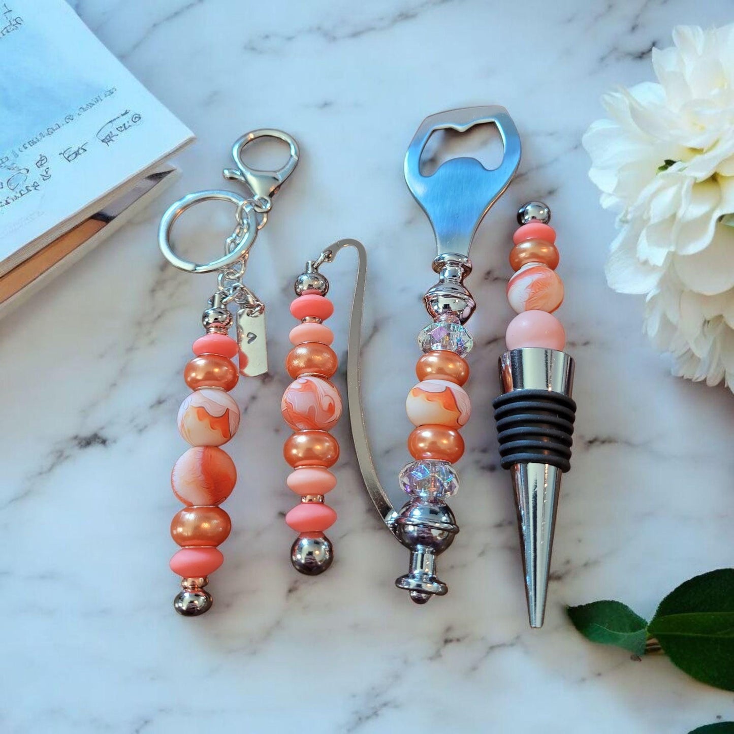 Peach and Orange Color Scheme Bottle Opener, Wine Stopper, Keychain & Bookmark Set - Perfect Gift for Wine Lovers