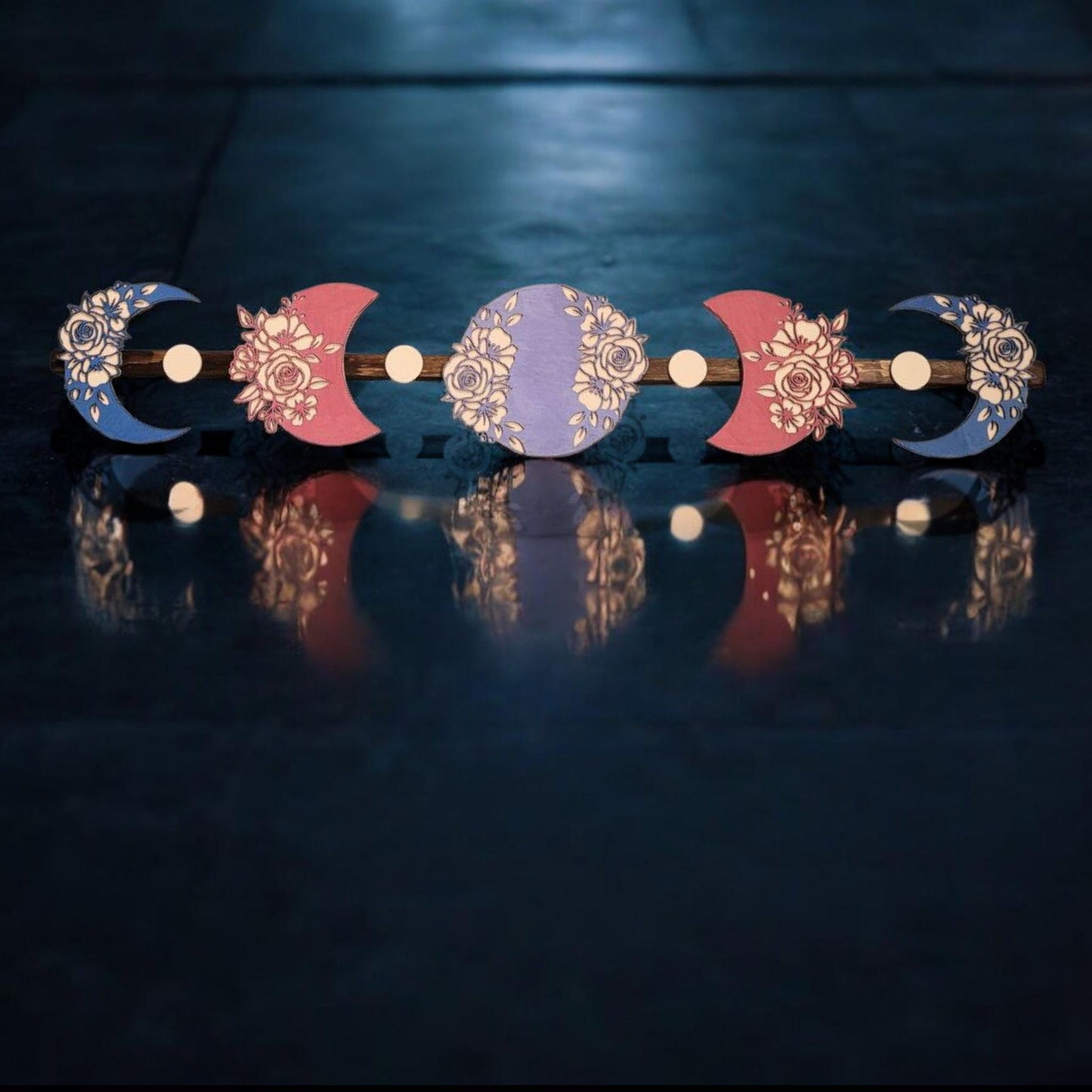 Moon Phase Wooden Wall Art Painted Bohemian eclectic design. Laser Cut Celestial Decor Flower Moon Wall Hanging Unique Home Design Piece