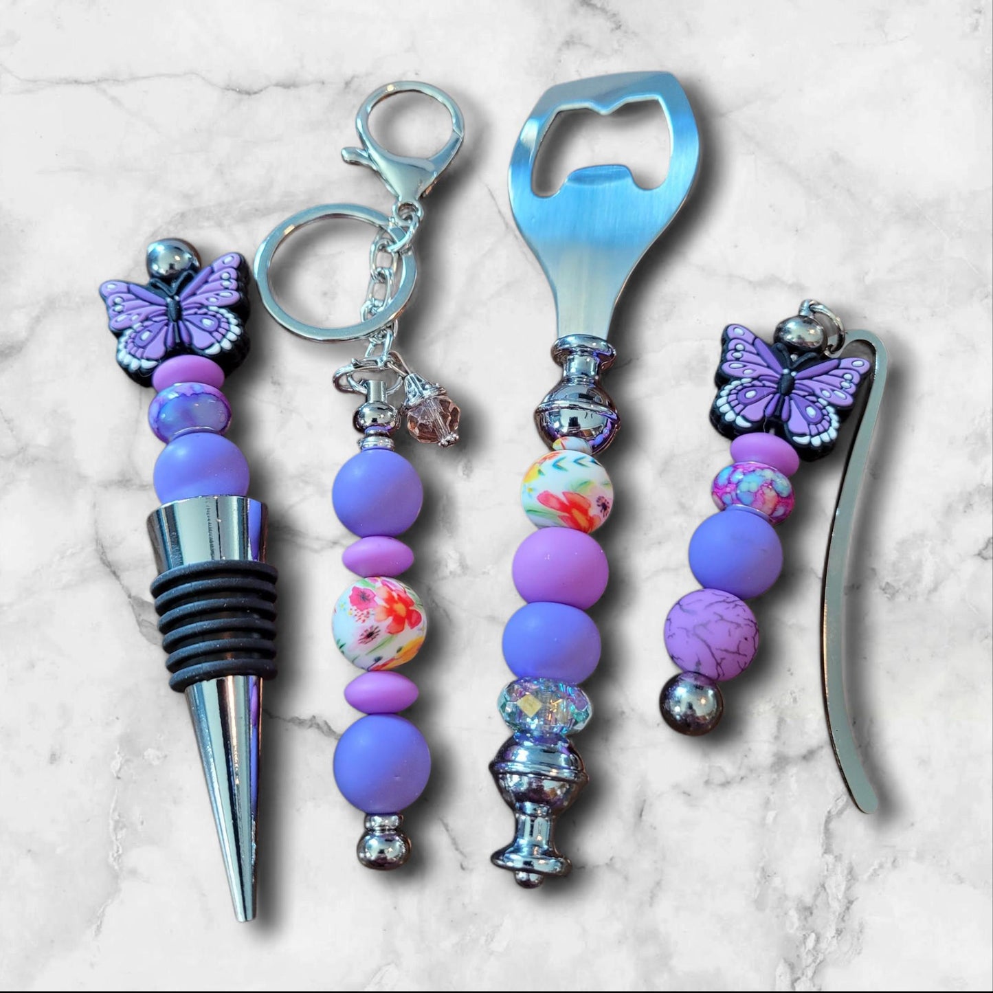 Weekend gift set in purple butterfly Wine accessory gift wine stopper bottle opener book marker keychain wine gift set, barware accessories