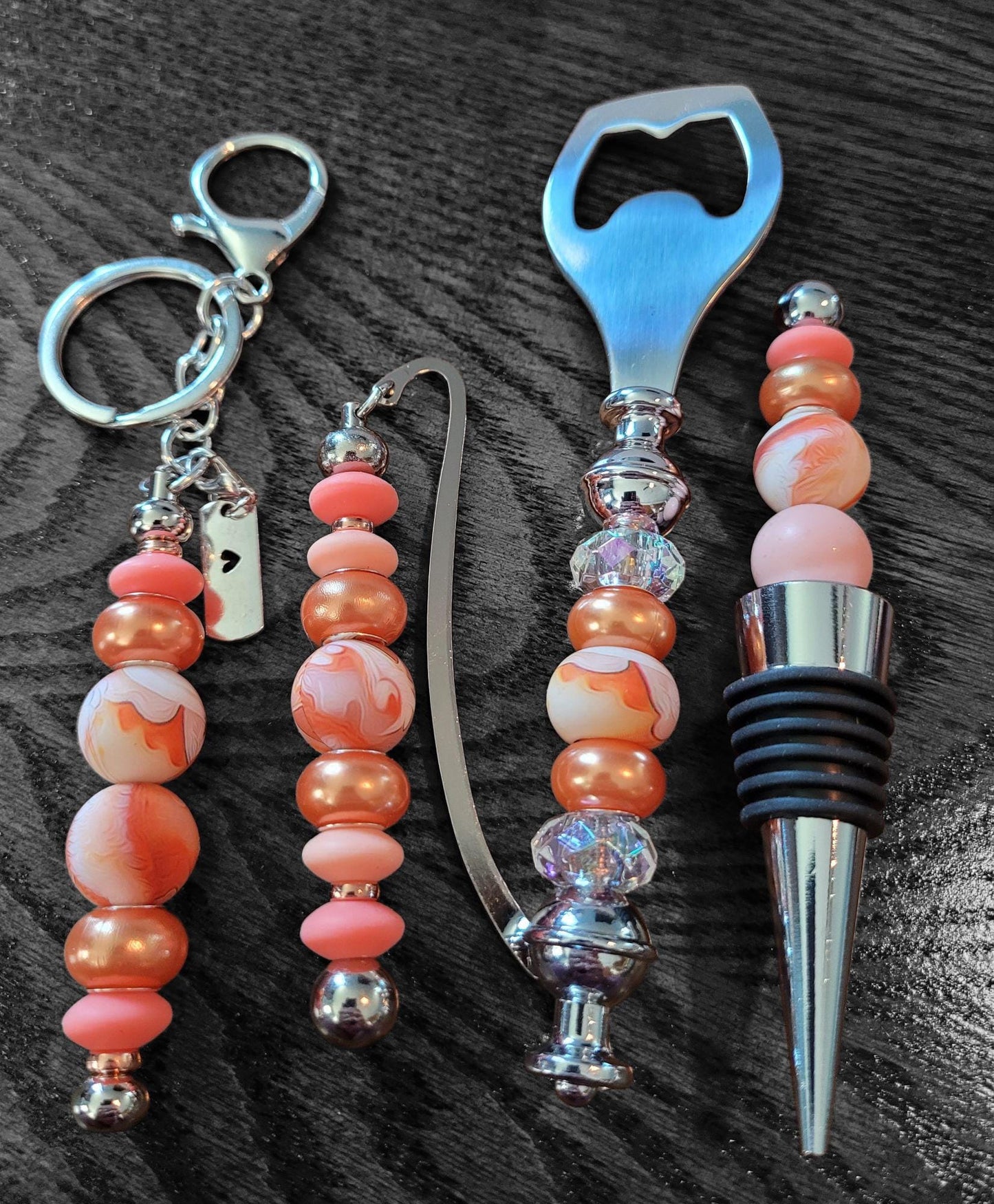 Peach and Orange Color Scheme Bottle Opener, Wine Stopper, Keychain & Bookmark Set - Perfect Gift for Wine Lovers