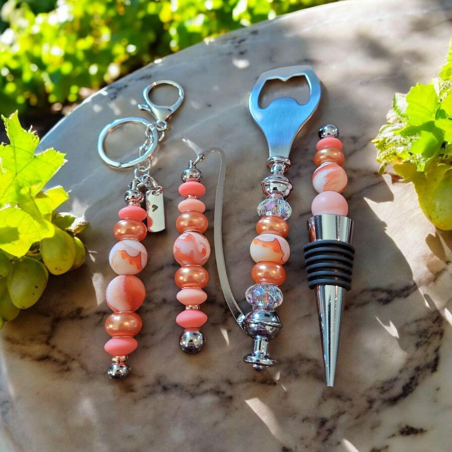 Peach and Orange Color Scheme Bottle Opener, Wine Stopper, Keychain & Bookmark Set - Perfect Gift for Wine Lovers