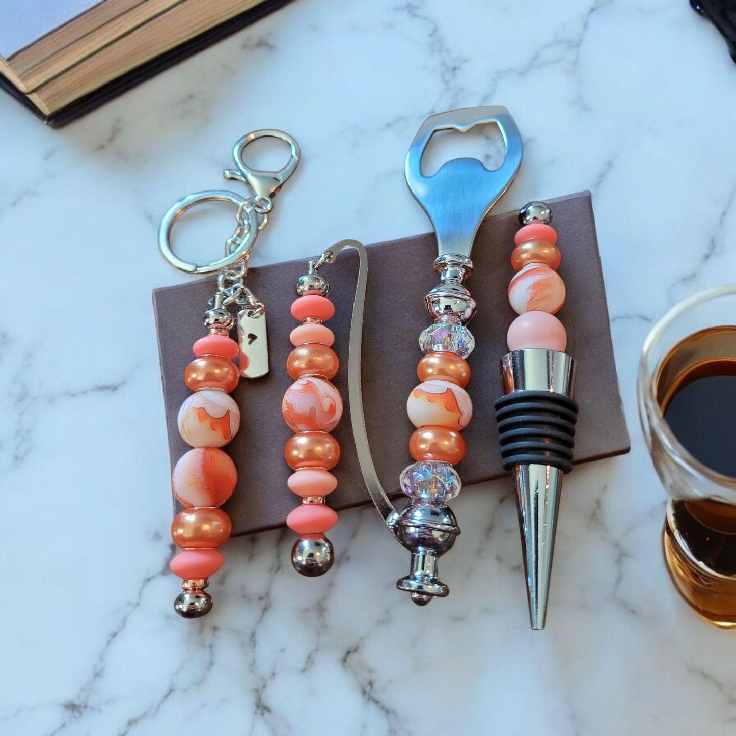 Peach and Orange Color Scheme Bottle Opener, Wine Stopper, Keychain & Bookmark Set - Perfect Gift for Wine Lovers