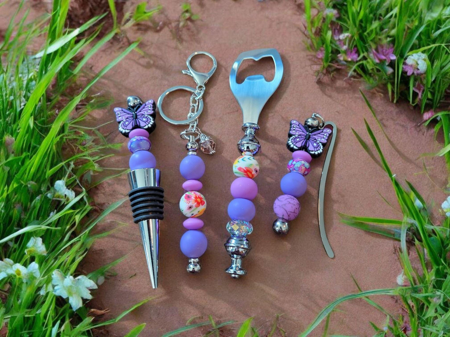 Weekend gift set in purple butterfly Wine accessory gift wine stopper bottle opener book marker keychain wine gift set, barware accessories