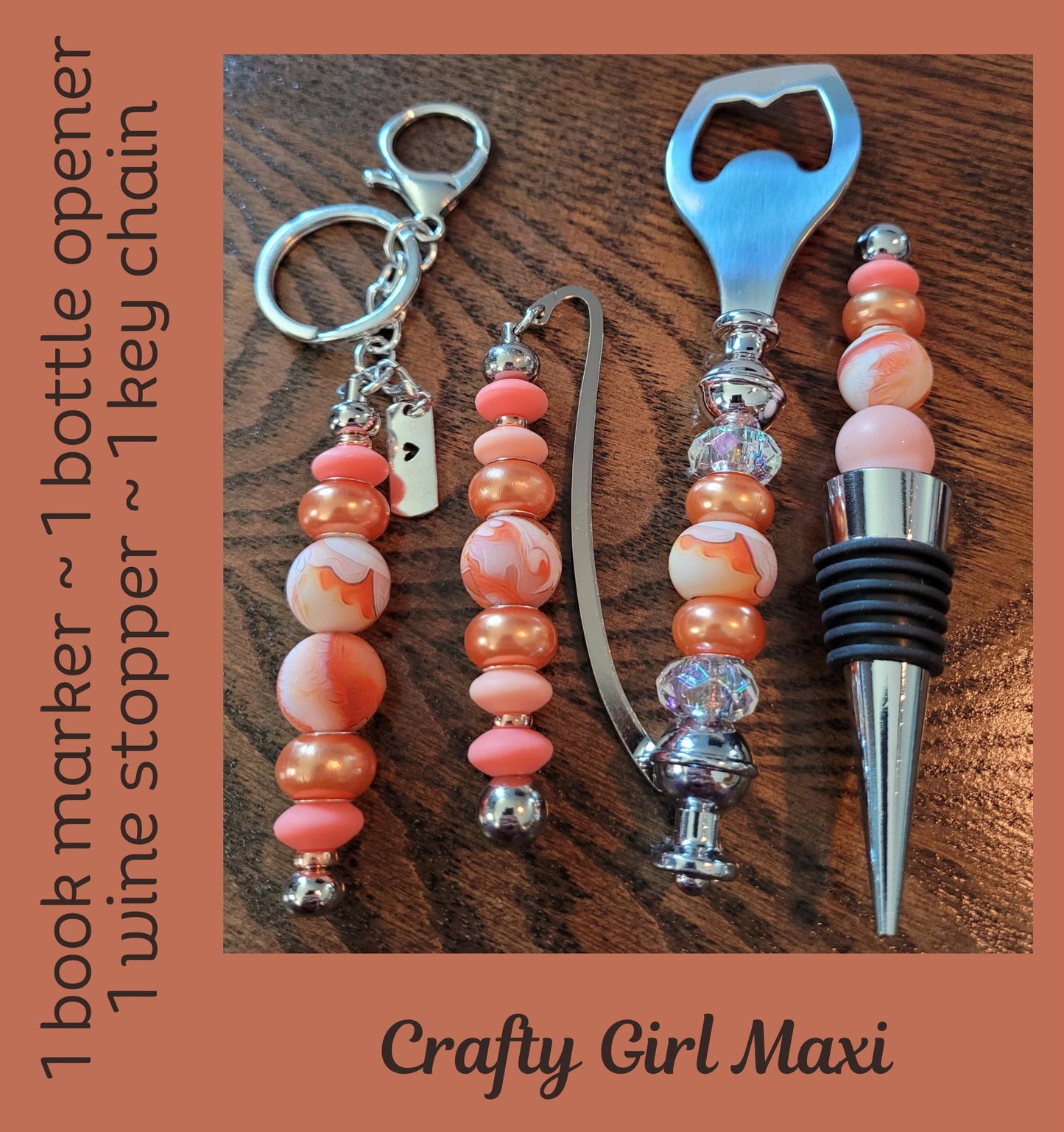 Peach and Orange Color Scheme Bottle Opener, Wine Stopper, Keychain & Bookmark Set - Perfect Gift for Wine Lovers