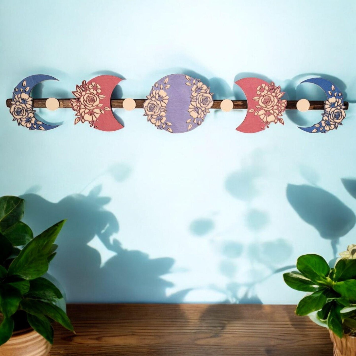 Moon Phase Wooden Wall Art Painted Bohemian eclectic design. Laser Cut Celestial Decor Flower Moon Wall Hanging Unique Home Design Piece