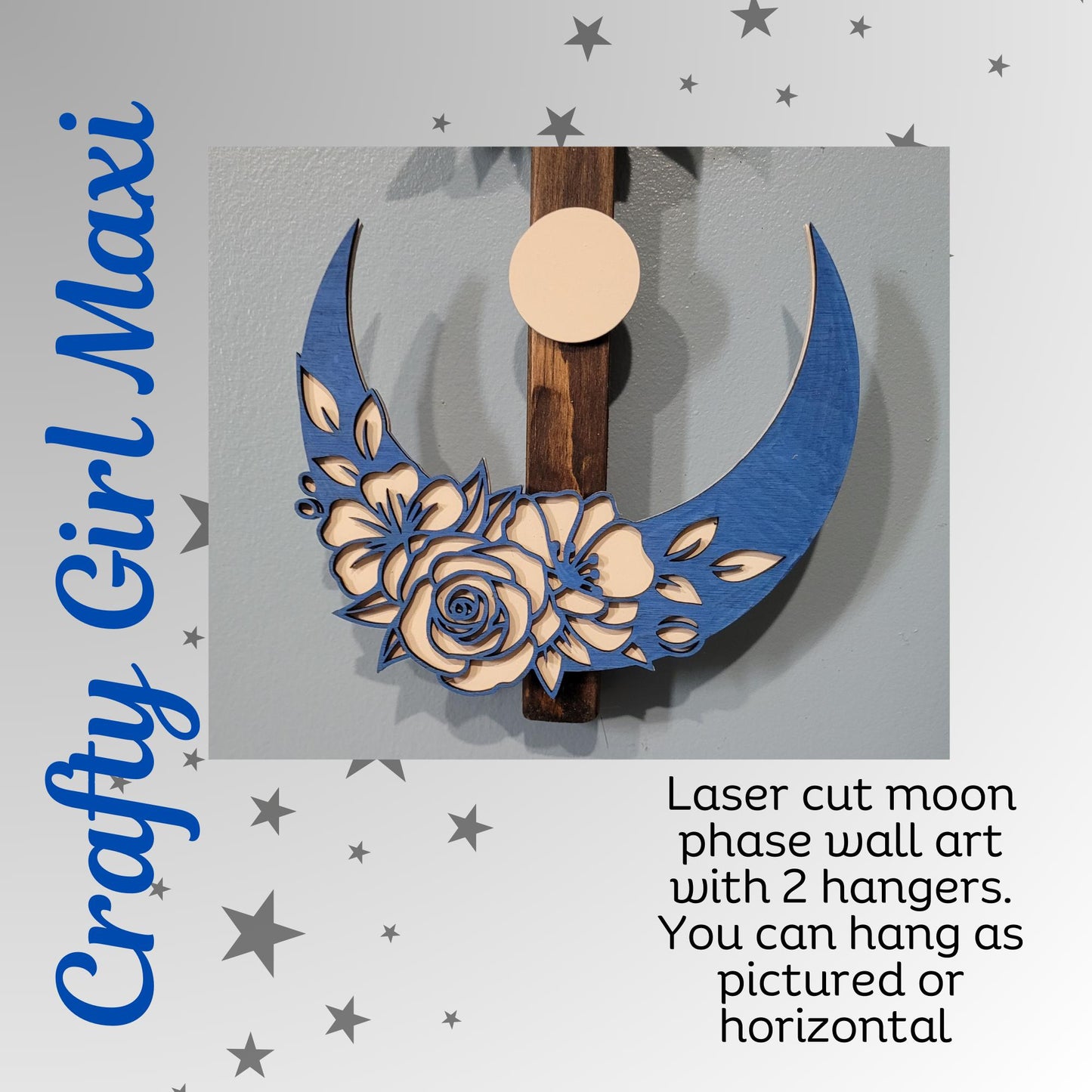 Moon Phase Wooden Wall Art Painted Bohemian eclectic design. Laser Cut Celestial Decor Flower Moon Wall Hanging Unique Home Design Piece