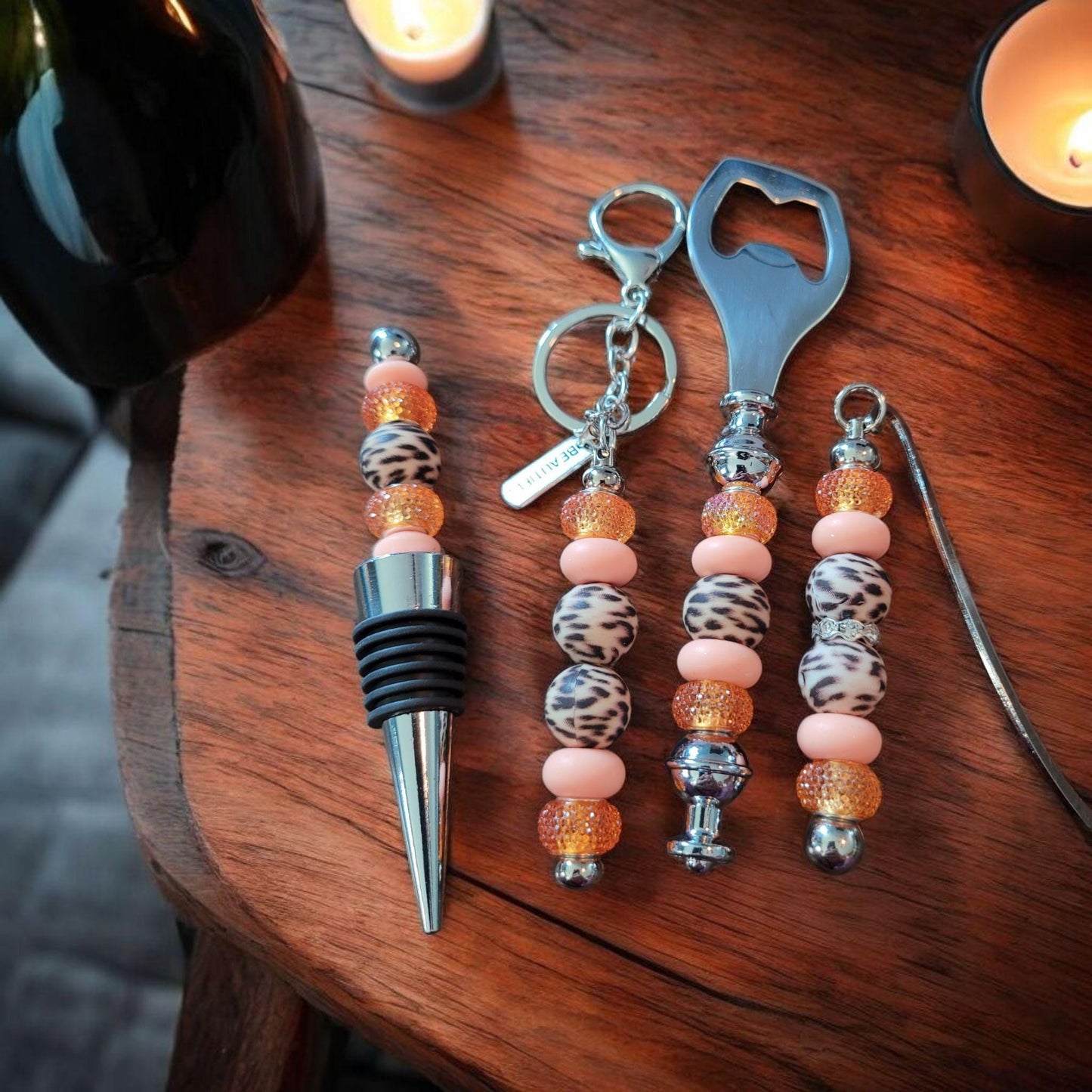 Peach Animal Print Wine Accessory Gift Set for Women – Unique Wine Lover Present, Stylish Bar Tools & Accessories