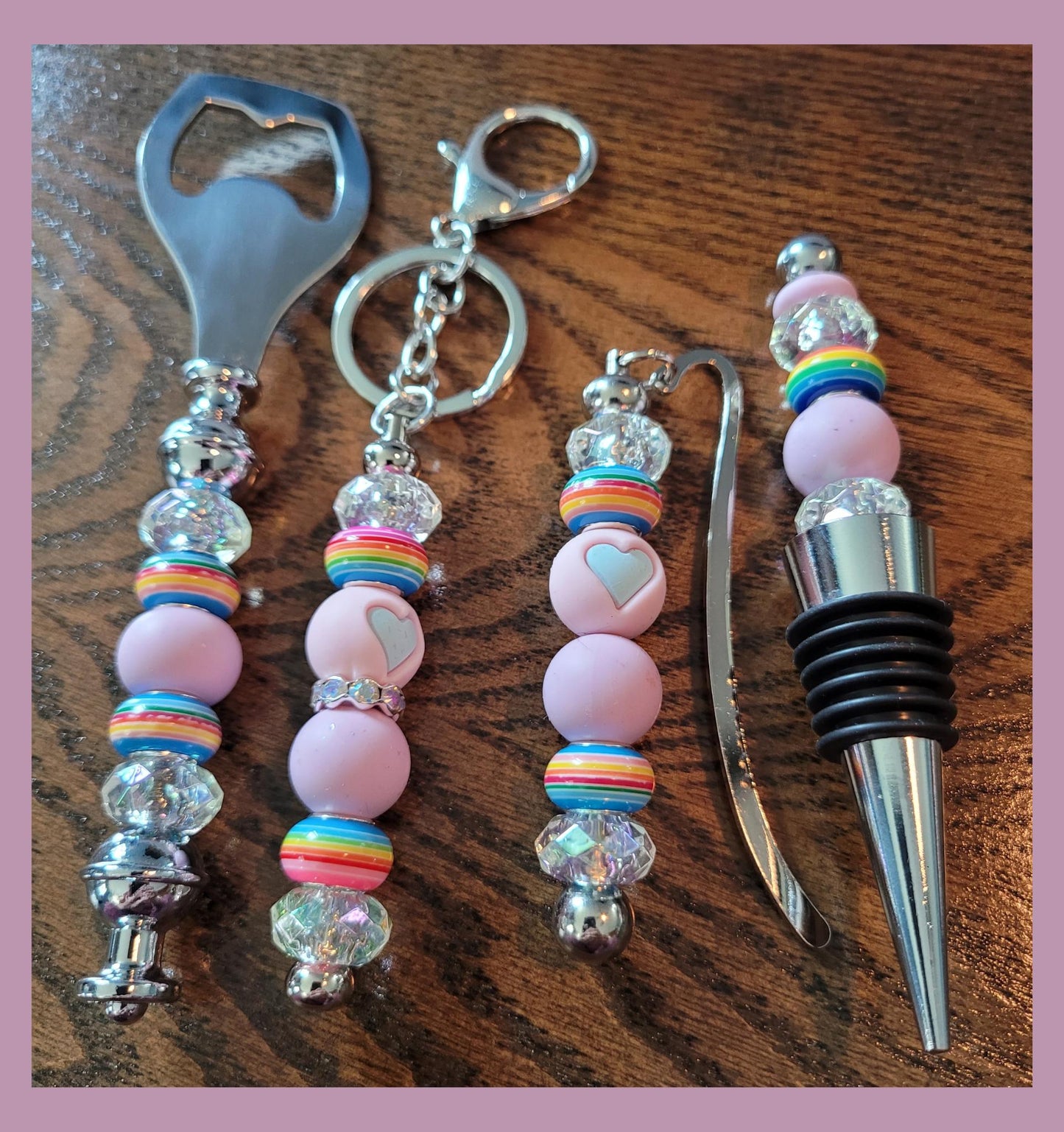 Rainbow Beaded Wine Lover's Gift Set: Bottle Opener, Stopper, Keychain & Bookmark