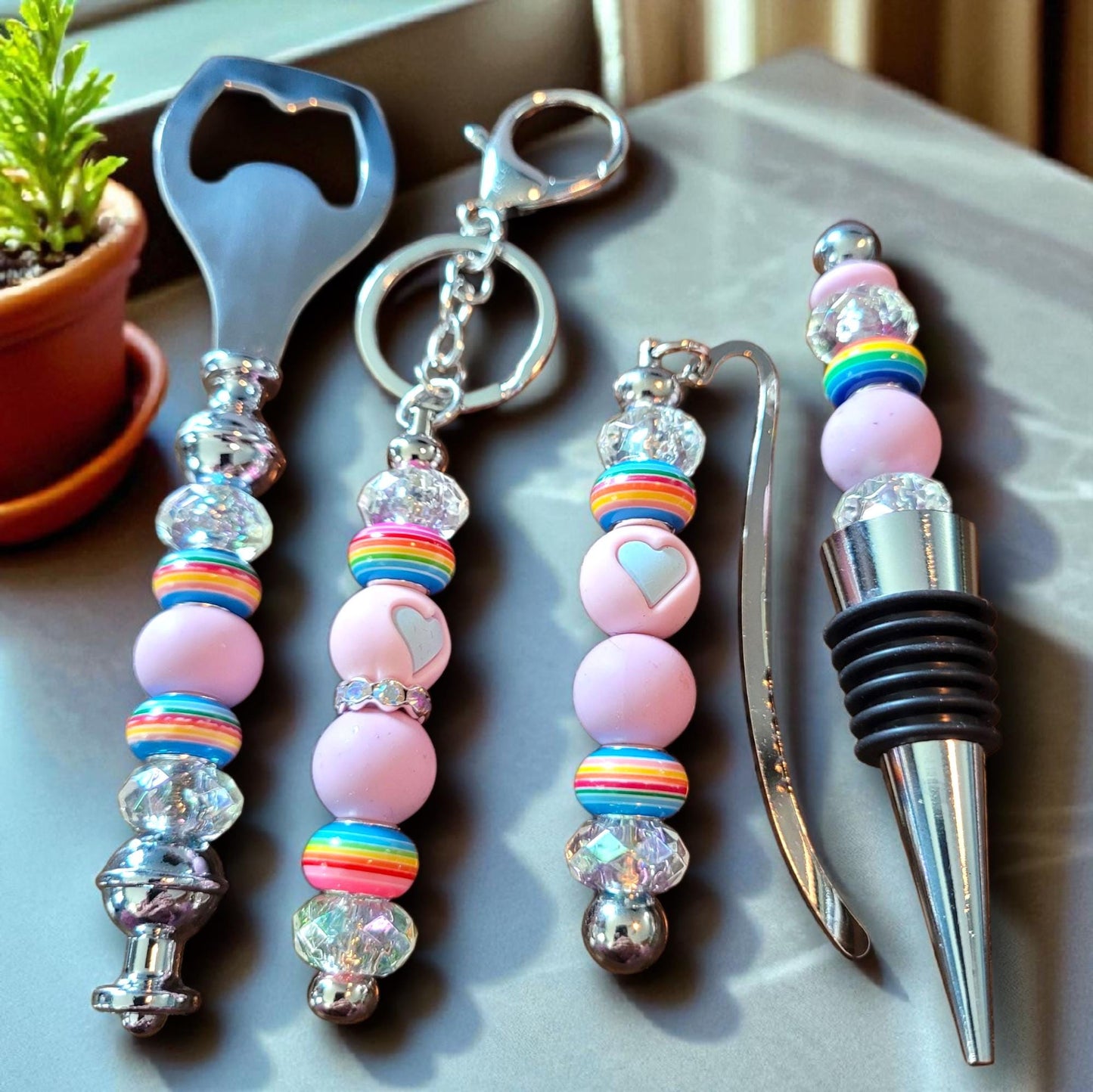 Rainbow Beaded Wine Lover's Gift Set: Bottle Opener, Stopper, Keychain & Bookmark