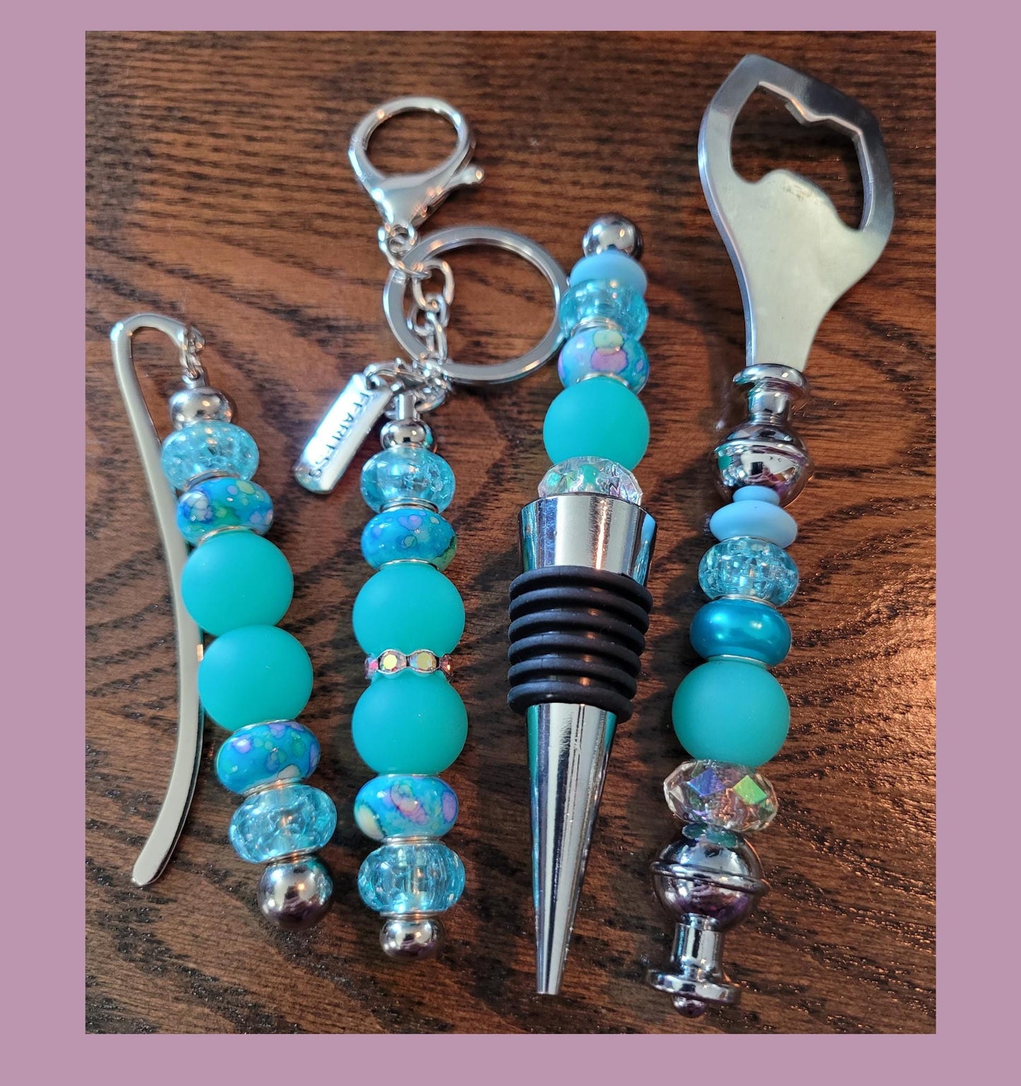 Blue Beaded Barware Gift Set: Wine Stopper, Opener & Bookmark