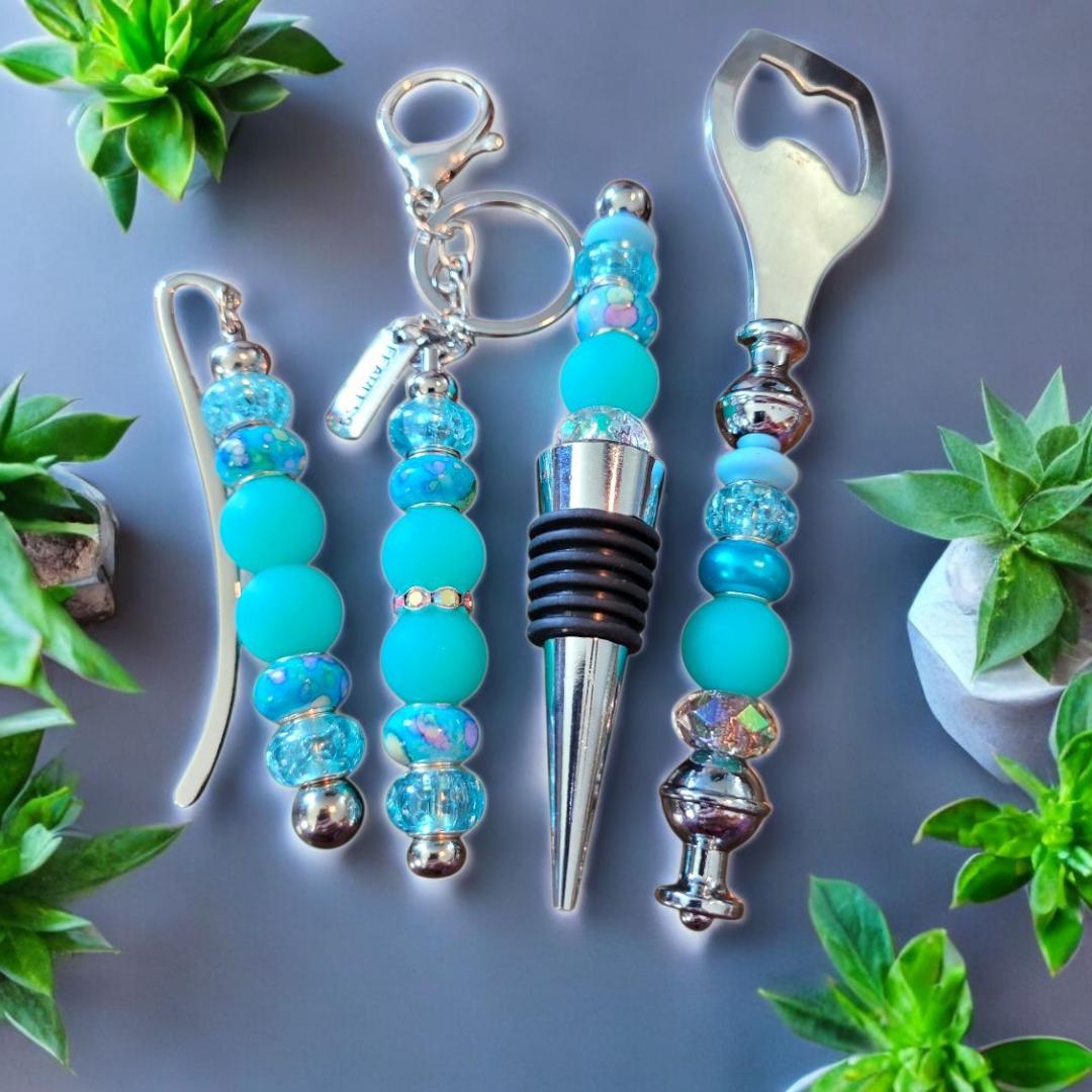 Blue Beaded Barware Gift Set: Wine Stopper, Opener & Bookmark