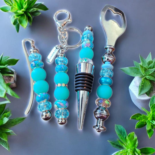 Blue Beaded Barware Gift Set: Wine Stopper, Opener & Bookmark