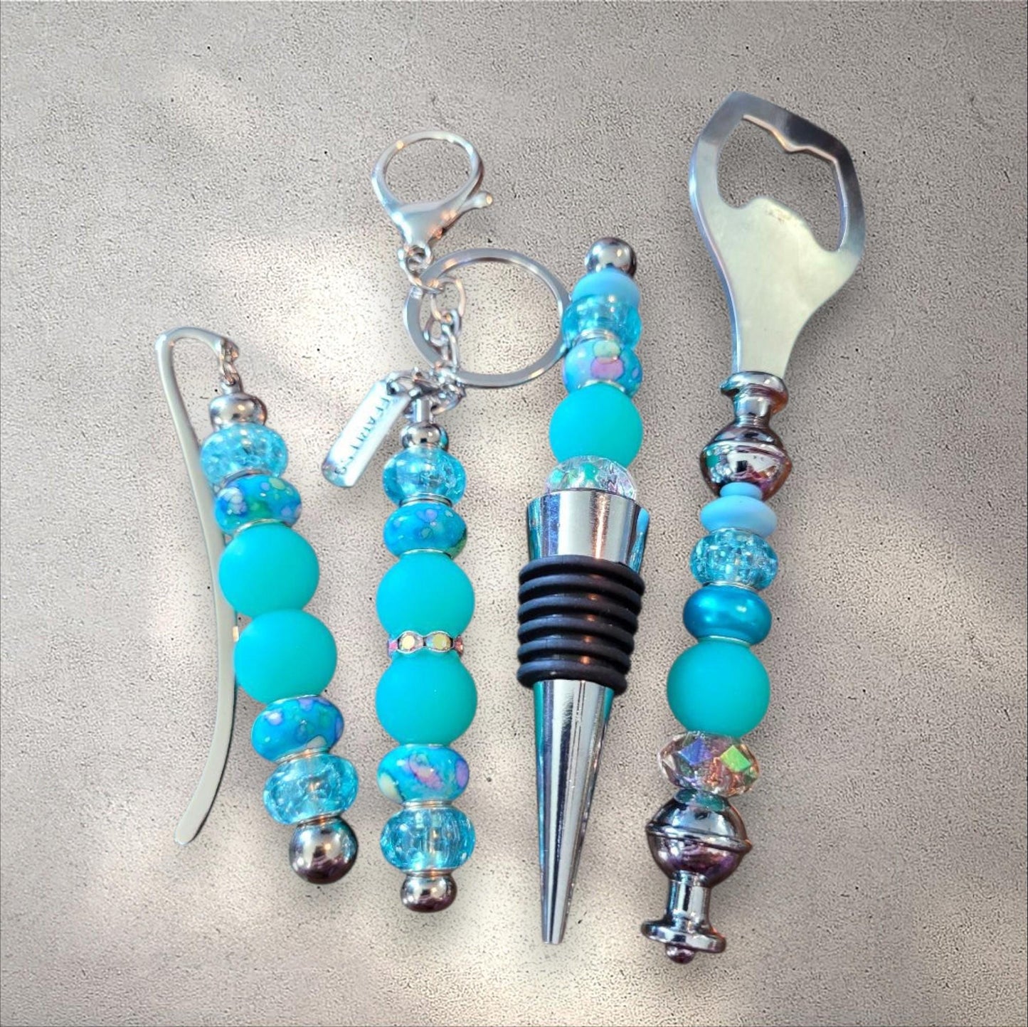 Blue Beaded Barware Gift Set: Wine Stopper, Opener & Bookmark