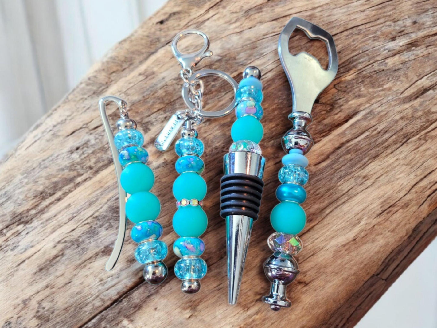 Blue Beaded Barware Gift Set: Wine Stopper, Opener & Bookmark