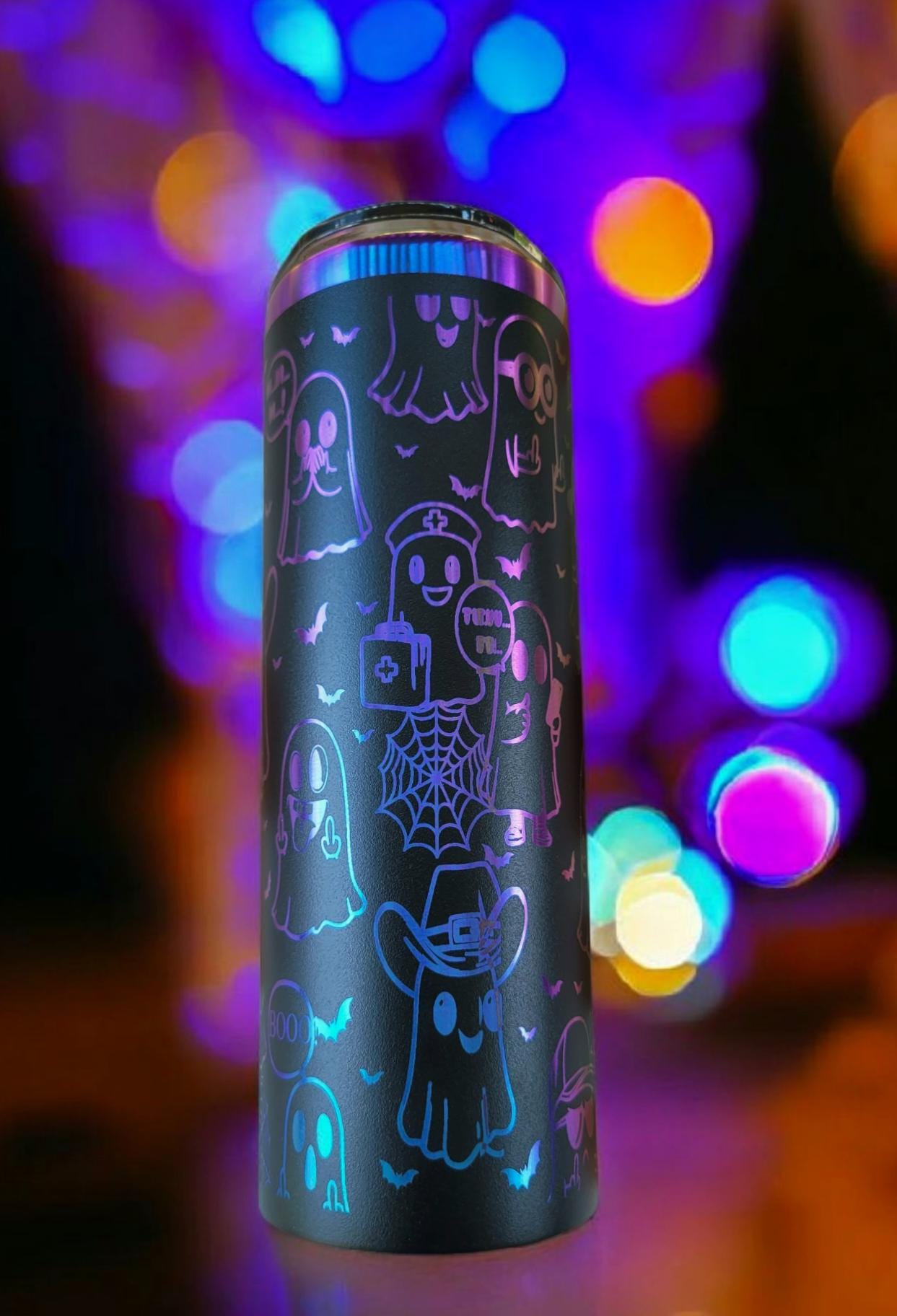 Laser Engraved Ghost Tumbler: Rainbow Halloween Drinkware