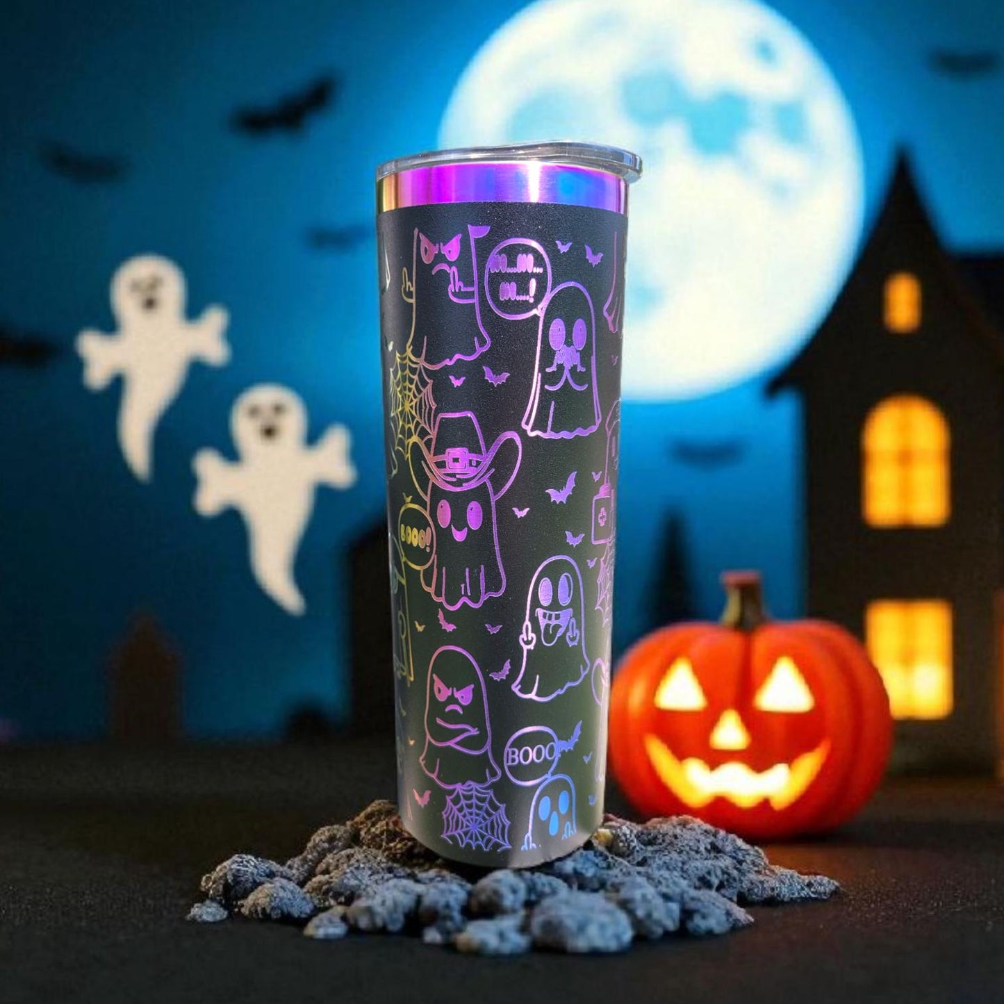 Laser Engraved Ghost Tumbler: Rainbow Halloween Drinkware