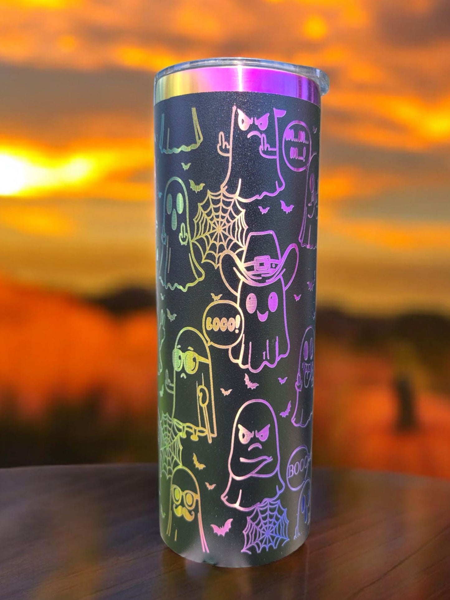 Laser Engraved Ghost Tumbler: Rainbow Halloween Drinkware