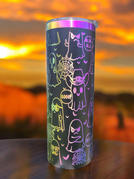 Laser Engraved Ghost Tumbler: Rainbow Halloween Drinkware