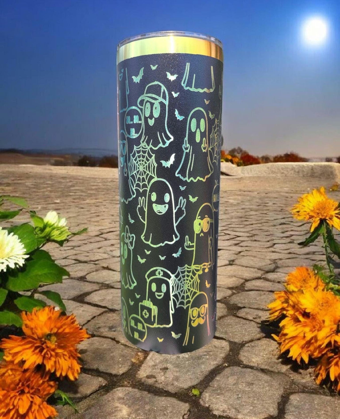 Laser Engraved Ghost Tumbler: Rainbow Halloween Drinkware