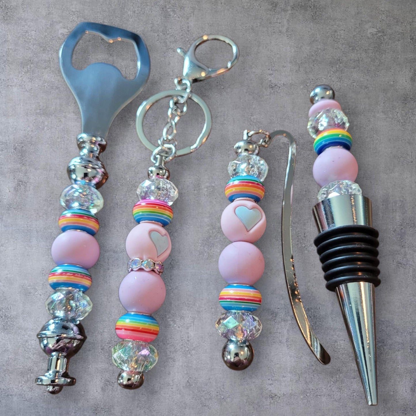 Rainbow Beaded Wine Lover's Gift Set: Bottle Opener, Stopper, Keychain & Bookmark