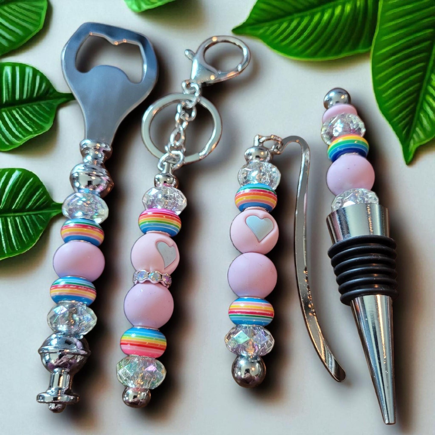 Rainbow Beaded Wine Lover's Gift Set: Bottle Opener, Stopper, Keychain & Bookmark