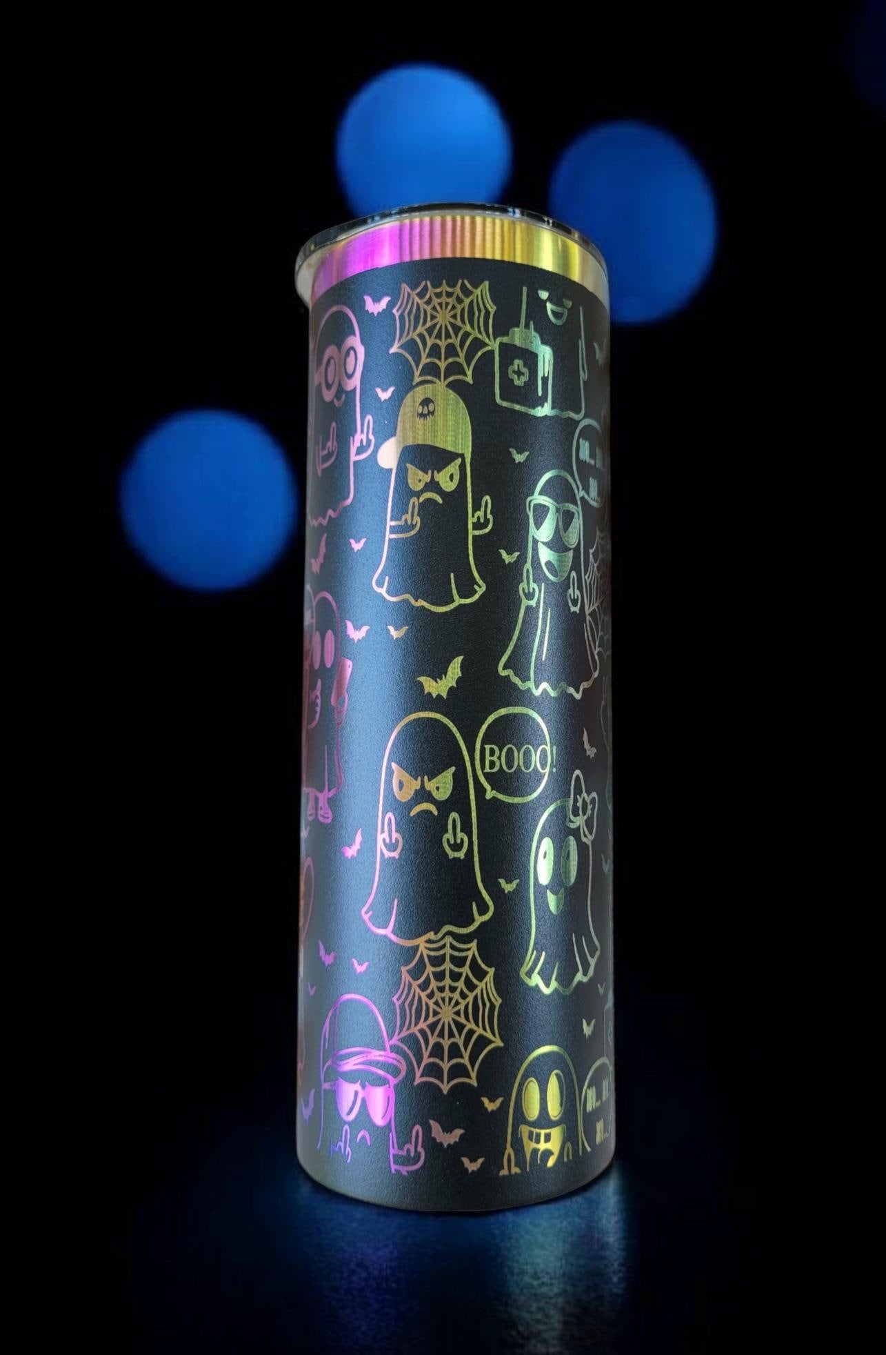 Laser Engraved Ghost Tumbler: Rainbow Halloween Drinkware