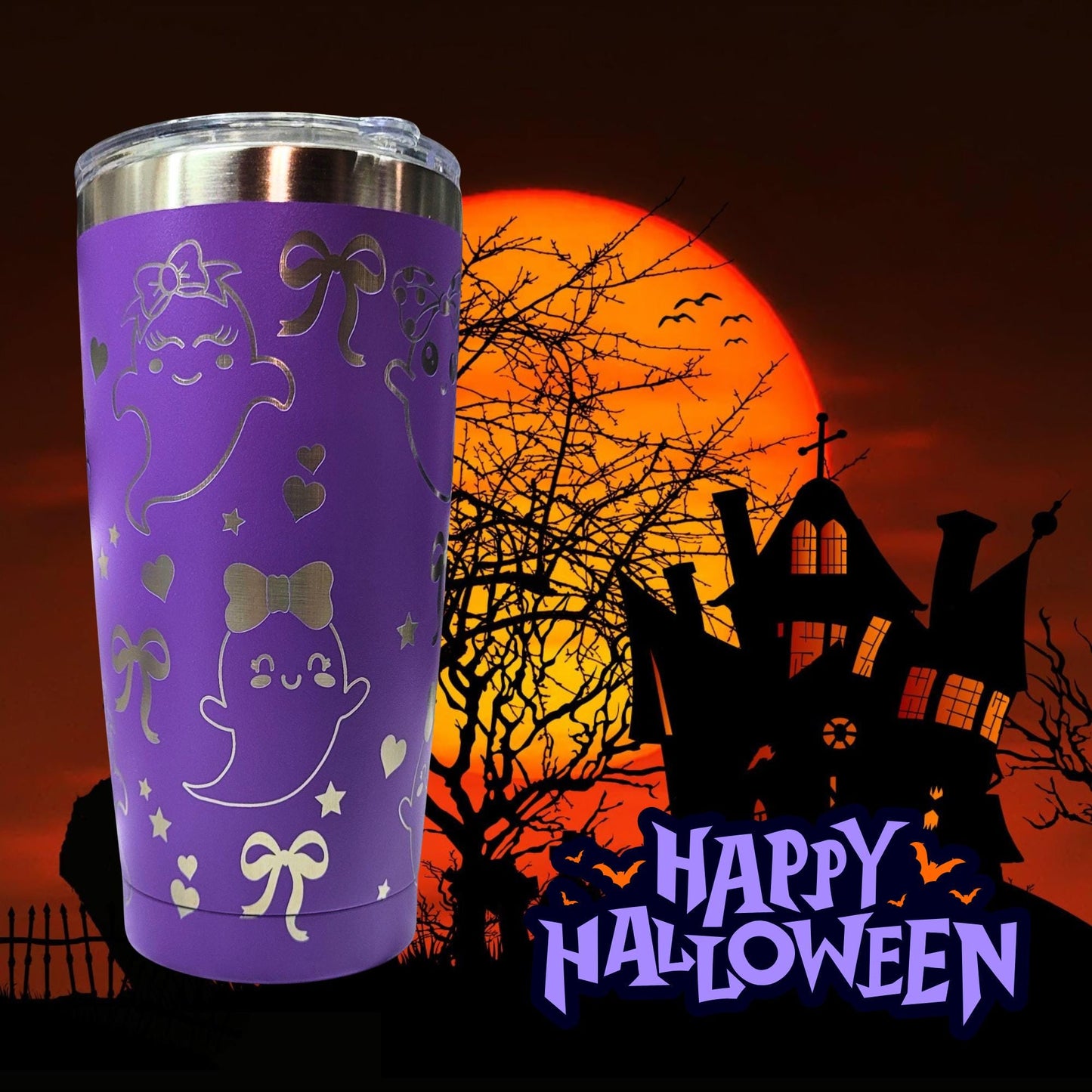 Laser Engraved Ghost Tumbler 20oz Gift, Purple ghost Heart Bow Cup,