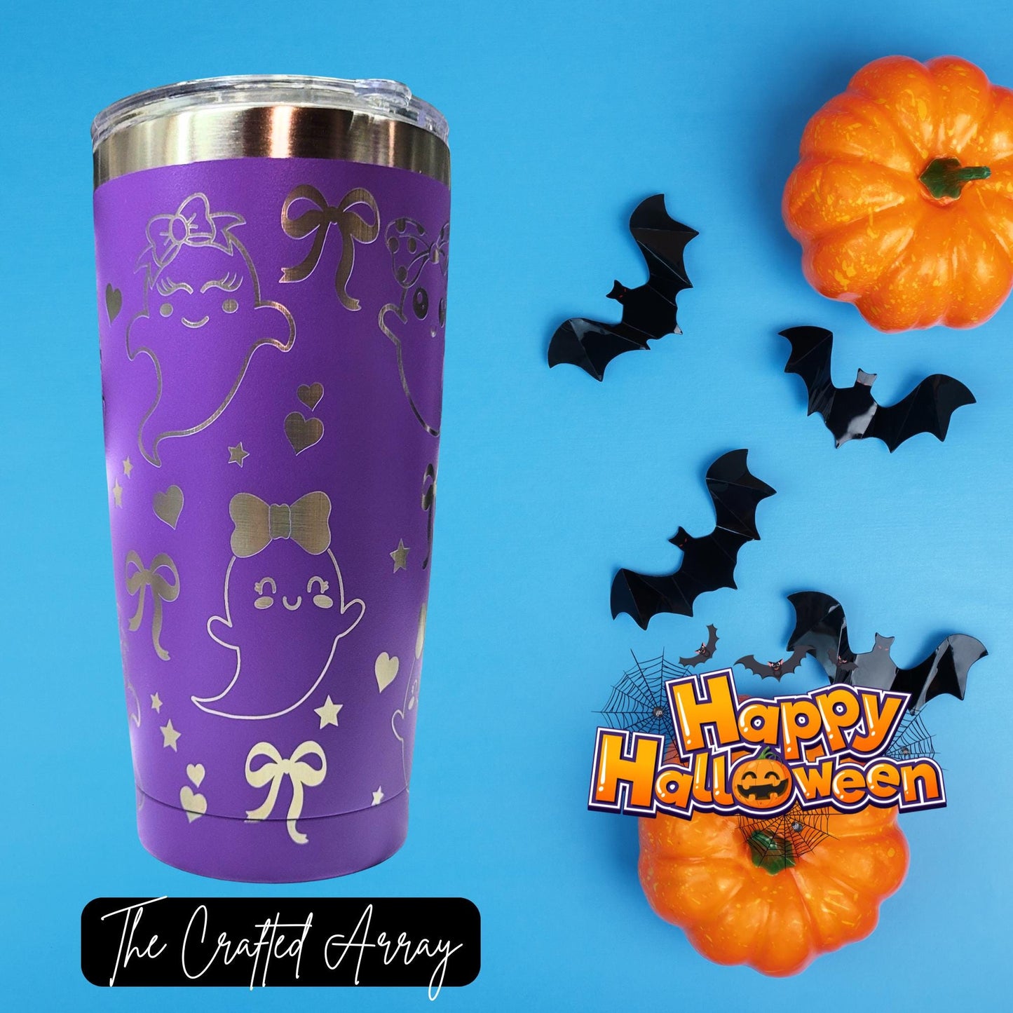 Laser Engraved Ghost Tumbler 20oz Gift, Purple ghost Heart Bow Cup,