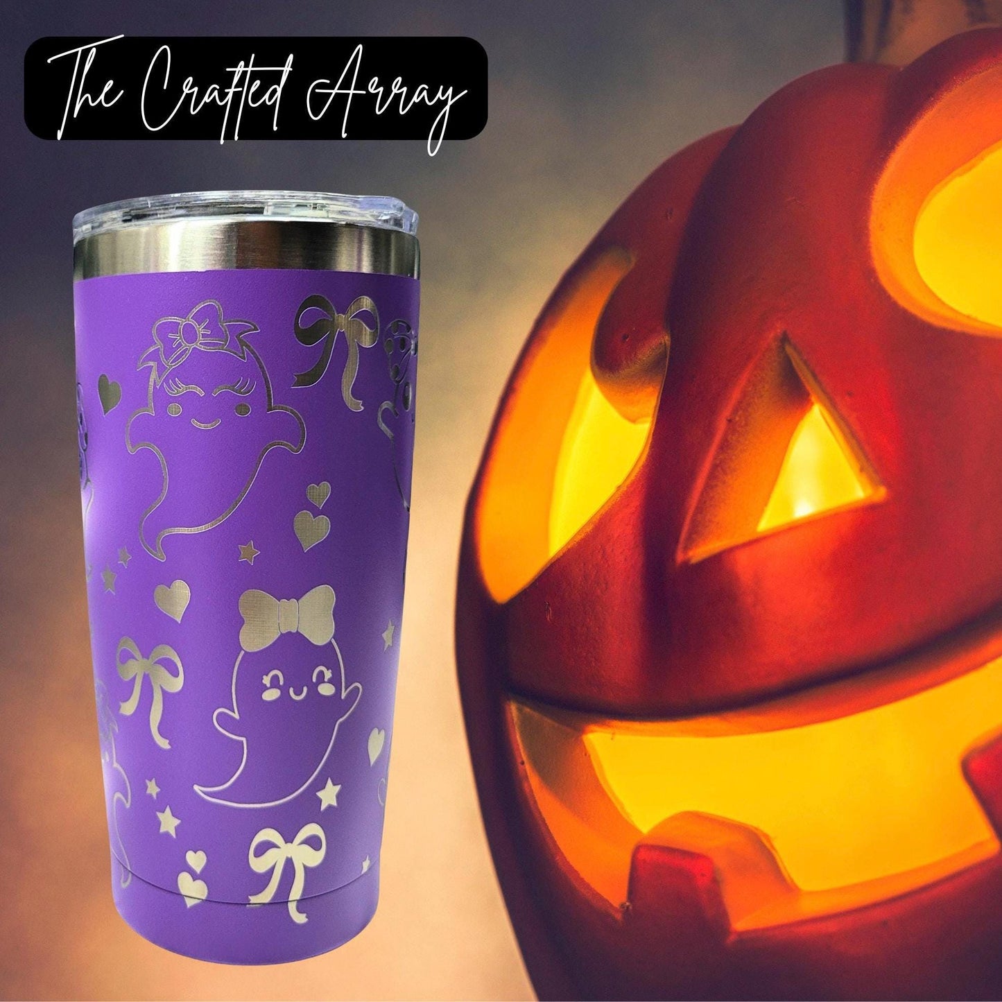 Laser Engraved Ghost Tumbler 20oz Gift, Purple ghost Heart Bow Cup,