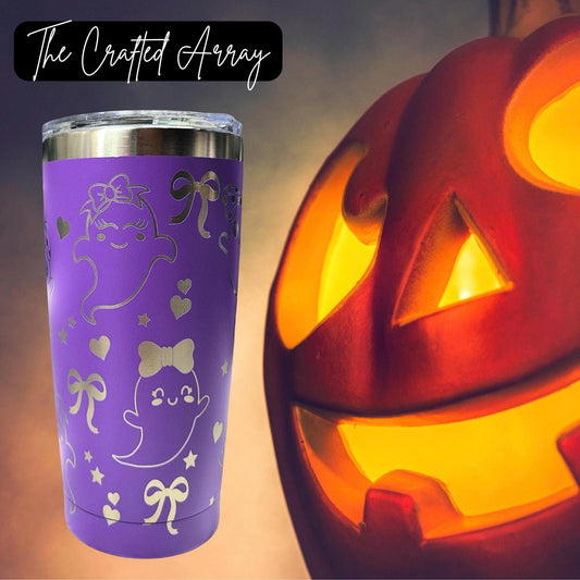 Laser Engraved Ghost Tumbler 20oz Gift, Purple ghost Heart Bow Cup,