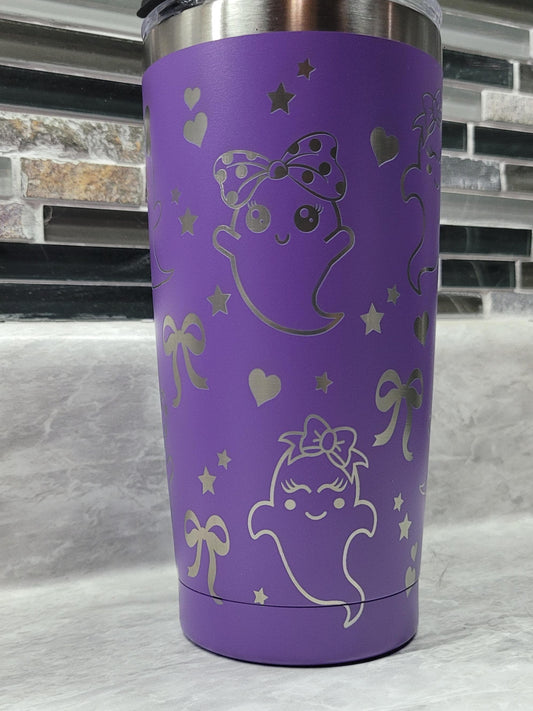 Laser Engraved Ghost Tumbler 20oz Gift, Purple ghost Heart Bow Cup,