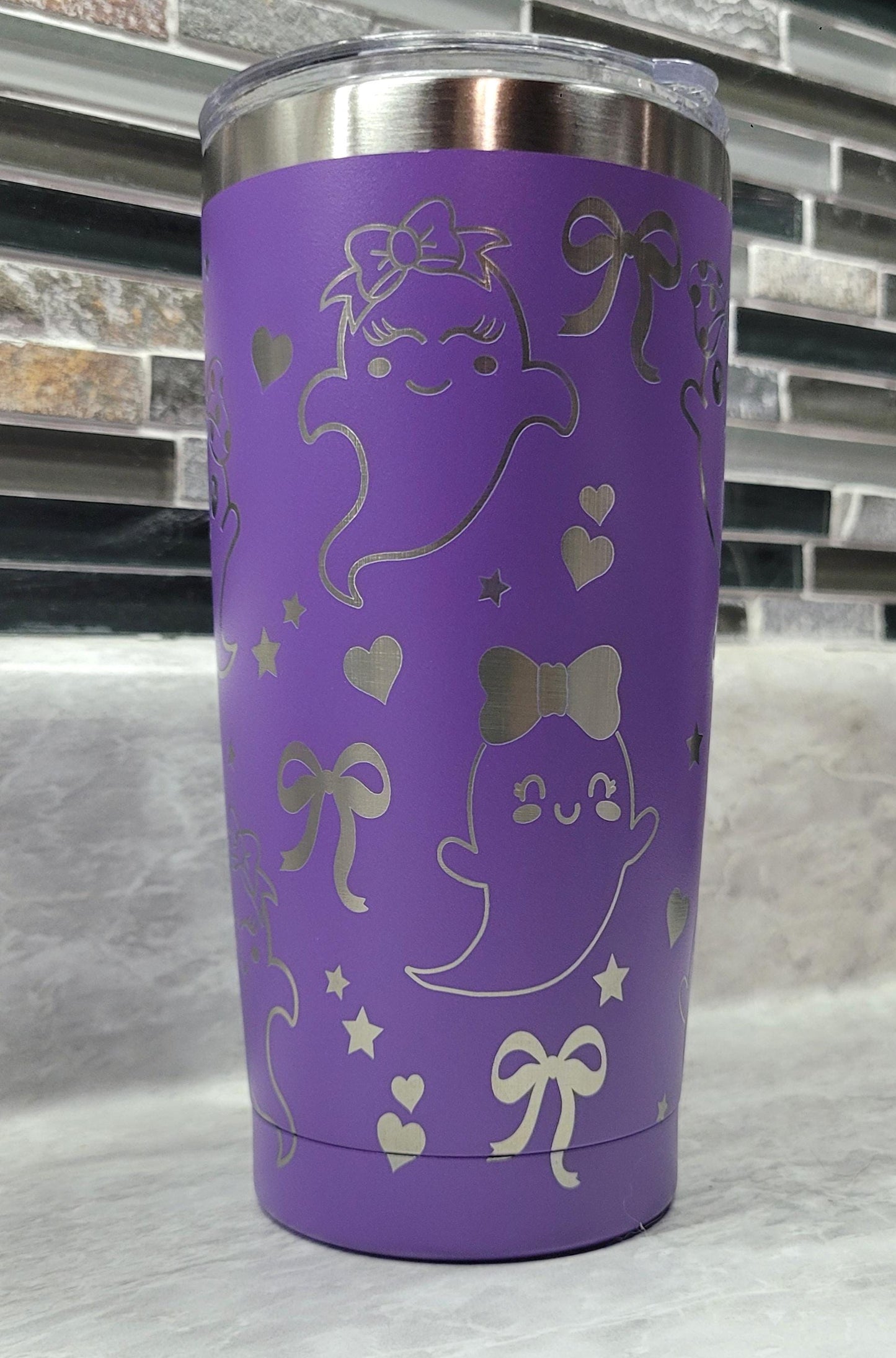 Laser Engraved Ghost Tumbler 20oz Gift, Purple ghost Heart Bow Cup,