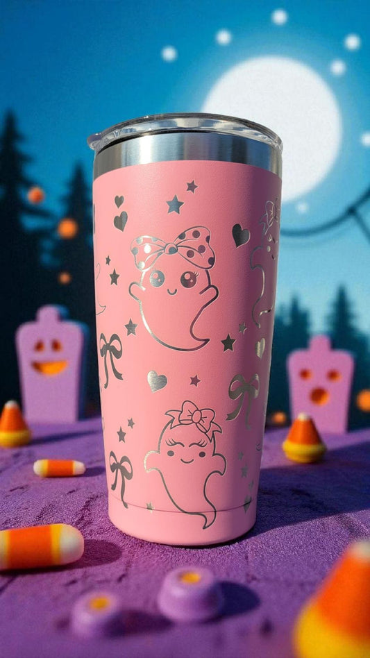 Pink Ghost Tumbler 20oz, Laser Engraved, Cute Ghost tumbler, Kids Halloween Gift, Pink 20oz tumbler, Spooky Cup, Cute Ghost Design,