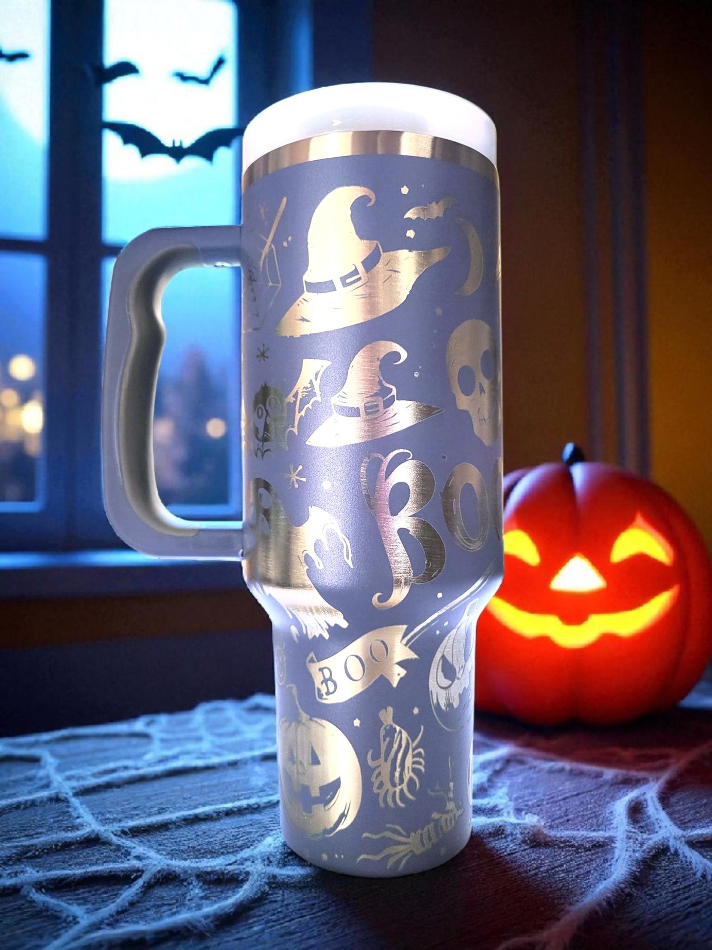 Laser Engraved Ghost Tumbler: 40oz Witchy Halloween Boo Mug