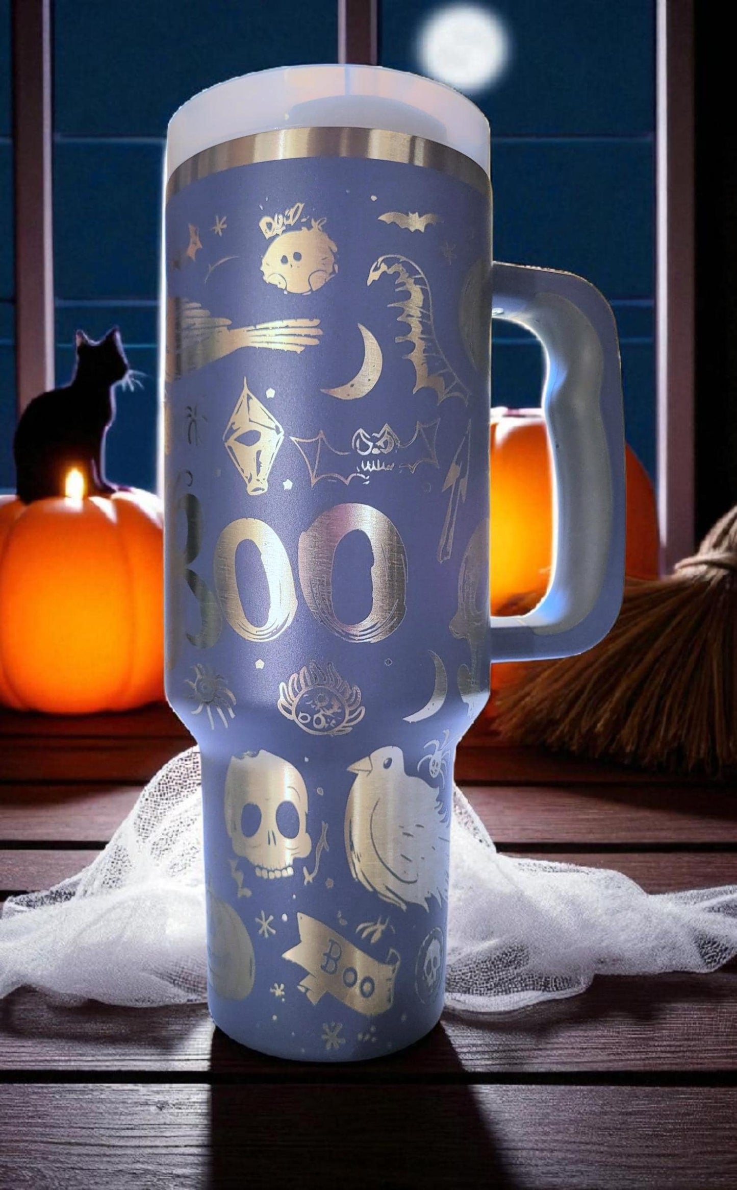 Laser Engraved Ghost Tumbler: 40oz Witchy Halloween Boo Mug